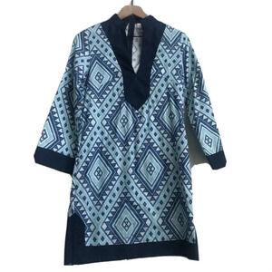 New Chelsea Gunn Blue Diamond print Tunic Dress V-neck beach tropical Moroccan